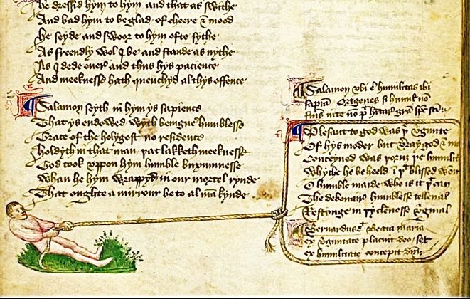Medieval scribes used a number of different methods to correct mistakes and omissions. This one used the figure of a man pulling the omitted portion of the text towards the place it belonged  -  1st half of the 15th century, Brit. Lib, Arundel 38, f. 65r