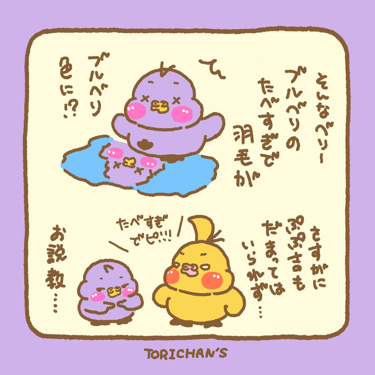 torichannsss's tweet photo. ブルベリだいすき🫐ベリー🫐

ブルベリがだーーいすきなベリー🫐
ブルベリの食べすぎで羽毛が🫐色に！？
ぽん吉と大の仲良し💞

#鳥ちゃんズ 
#4コマ #漫画が読めるハッシュタグ 
#ゆるいイラスト https://t.co/KZsJJGbXZA