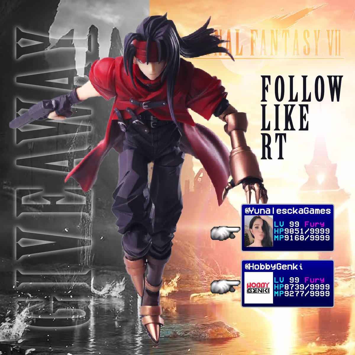 Yunalescka ☾ (@yunalesckagames) on Twitter photo 🌹GIVEAWAY🌹
Me and <a href="/HobbyGenki/">Hobby-Genki</a> are doing a giveaway for the FFVII Bring Arts Vincent Valentine Action Figure! This figure will be shipped from their store. How to enter:
* Follow me and <a href="/HobbyGenki/">Hobby-Genki</a>
* Like and Retweet this post
Winner announced February 19. Good luck! 🌹GIVEAWAY🌹
Me and <a href="/HobbyGenki/">Hobby-Genki</a> are doing a giveaway for the FFVII Bring Arts Vincent Valentine Action Figure! This figure will be shipped from their store. How to enter:
* Follow me and <a href="/HobbyGenki/">Hobby-Genki</a>
* Like and Retweet this post
Winner announced February 19. Good luck!