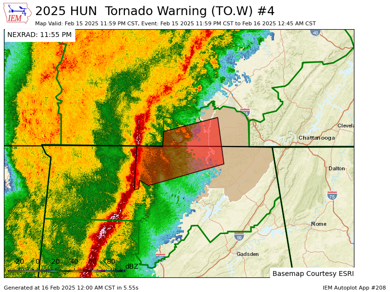 spann's tweet photo. HUN issues Tornado Warning [tornado: RADAR INDICATED, hail: <.75 IN] for Jackson, Lawrence, Limestone, Madison [AL] and Franklin, Lincoln, Moore [TN] till 12:45 AM CST https://t.co/14ITQti4vb https://t.co/Npt1MGzrD3