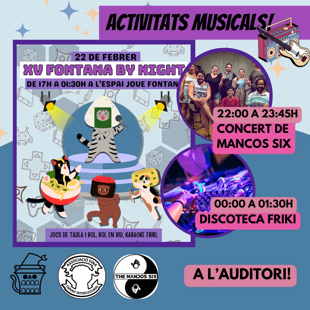 Aquesta #XVFontanaByNight ve plena d'activitats! Us hem fet un fil am tot🧵

Ja sabeu que ens agrada molt la #musica! Us portem #BingoMusicals, #Hitster, #Concert de <a href="/mancosix/">The Mancos Six</a> i sessió de discoteca amb temazos frikis per acabar la nit!