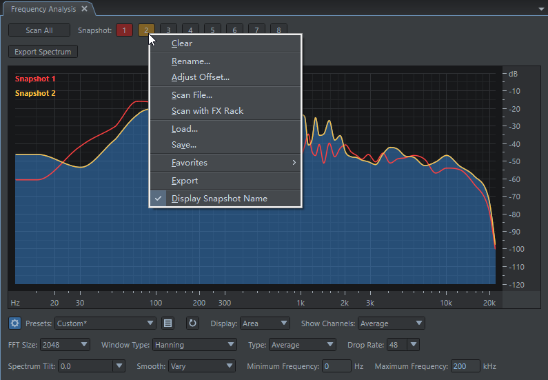 ivosight's tweet photo. Soundop 2.1.2 released.
Changes:
Support display snapshot name in the spectrum view.
Support adjusting spectrum snapshot offset.
Support loading spectrum snapshots by scanning audio files.
Support scanning spectrum with FX rack effects applied.

https://t.co/4EoHDhuypm https://t.co/siXOGpMPgT
