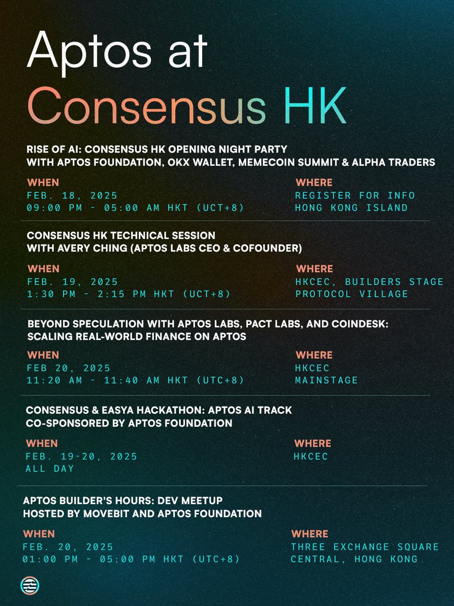 Aptos (@aptos) on Twitter photo 📍 Heading to Consensus Hong Kong? 🔖 Bookmark this post!
It's your cheat sheet for all things Aptos at <a href="/consensus_hk/">Consensus Hong Kong</a> 📅🌐
Meet us at the Aptos Booth No. 2310 at HKCEC Expo Hall!
Plus, catch more Aptos alpha and vibes at community events all week long. 🧵 ⏩ 📍 Heading to Consensus Hong Kong? 🔖 Bookmark this post!
It's your cheat sheet for all things Aptos at <a href="/consensus_hk/">Consensus Hong Kong</a> 📅🌐
Meet us at the Aptos Booth No. 2310 at HKCEC Expo Hall!
Plus, catch more Aptos alpha and vibes at community events all week long. 🧵 ⏩