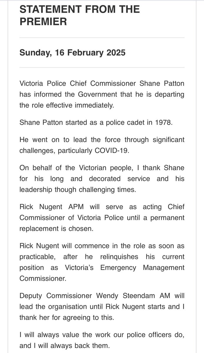 Late night statement from the Premier:

Shane Patton quits effective immediately. Rick Nugent to become acting Chief Commissioner until a permanent replacement is appointed. 

Until Nugent takes over, Wendy Steendam will lead VicPol.