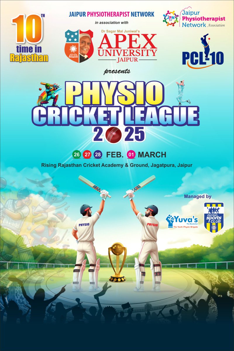 🏏 PCL 10 - THE BIGGEST PHYSIO CRICKET LEAGUE 🎉🔥

📍 Venue: Rising Rajasthan Cricket Academy &amp; Ground, Jagatpura, Jaipur
📅 Date: February 26 - March 1, 2025

🎉 10 साल, दमदार! Physiotherapists का त्योहार! 🎉

#PCL10 #PhysioCricketLeague #CaptainTalk #PTIntercollegiateCup