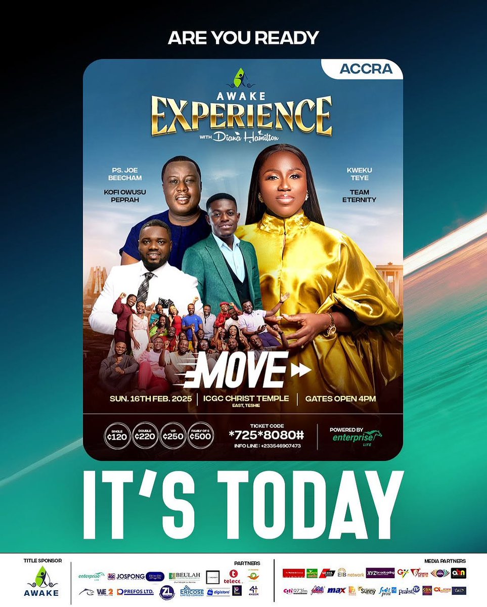 awakewatergh's tweet image. The Awake Experience with #dianahamiltion is here! Get ready with your friends and loved ones, and let&apos;s gather at @ICGCChrist today ... Gates will open at 4 pm, so come early and secure your front row seat. See you there!

#awakeexperience #theexperience #teamenernity #music