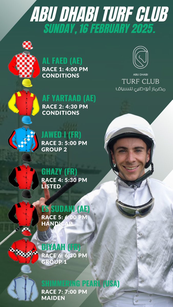 Bernardo Pinheiro (@jockeybpinheiro) on Twitter photo My rides today at <a href="/adturfclub/">ABU DHABI TURF CLUB</a> ๐๐ป
I wish all the best for everyoneโ๐ป๐๐ป๐๐ป
Race cards: emiratesracing.com/racecard/2025-โฆ My rides today at <a href="/adturfclub/">ABU DHABI TURF CLUB</a> ๐๐ป
I wish all the best for everyoneโ๐ป๐๐ป๐๐ป
Race cards: emiratesracing.com/racecard/2025-โฆ