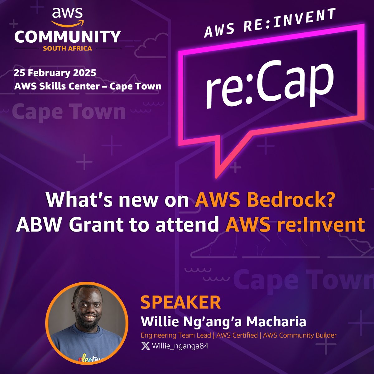 AWS Community South Africa (@awscommza) on Twitter photo Join <a href="/Willie_Nganga84/">Willie Macharia #CommandLine</a> for "What's new on AWS Bedrock? ABW Grant to attend AWS re:Invent" at this year's in-person AWS re:Invent 2024 re:Cap on the 25th of February at AWS Skills Center - Cape Town
Free to attend! Register
bit.ly/3WPVmbk Join <a href="/Willie_Nganga84/">Willie Macharia #CommandLine</a> for "What's new on AWS Bedrock? ABW Grant to attend AWS re:Invent" at this year's in-person AWS re:Invent 2024 re:Cap on the 25th of February at AWS Skills Center - Cape Town
Free to attend! Register
bit.ly/3WPVmbk