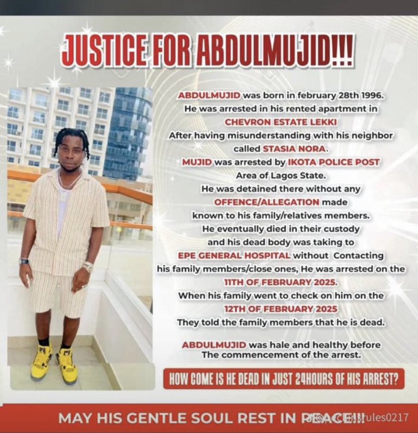 sucrreh's tweet photo. please help retweet aggressively.  
Ajah police men were paid to pick him up over an issue , they k!lled him &amp; deposited his body at the morgue leaving his widowed wife &amp; bereaved family.   

Help guys !!!
@thatverydarkman 
@instablog9ja 
@sowore 

#JusticeForMujid https://t.co/dczdj4Kx8Y
