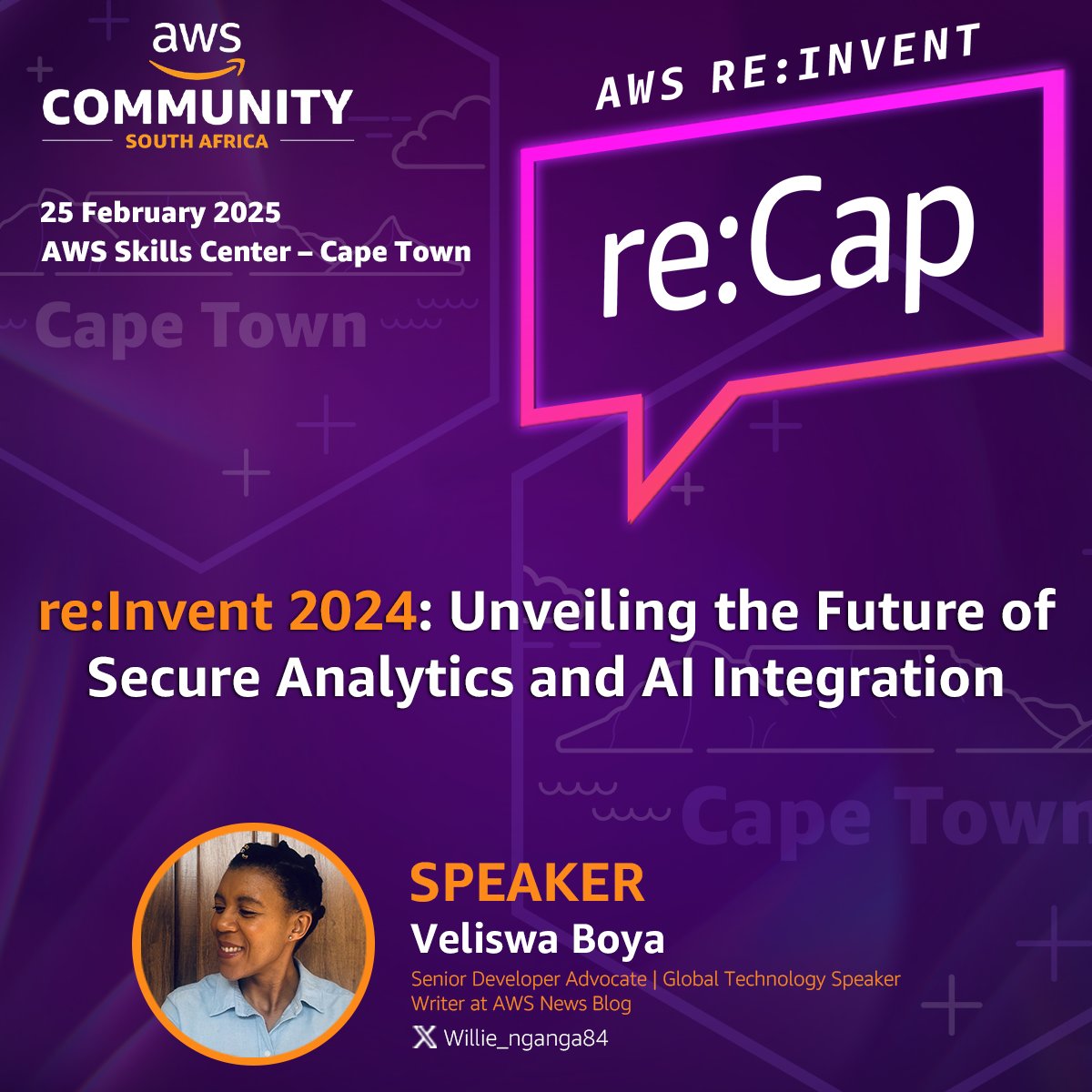 AWS Community South Africa (@awscommza) on Twitter photo Join Veliswa Boya (<a href="/Vel12171/">Veliswa_Boya🥑🇿🇦</a>) for ""re:Invent 2024: Unveiling the Future of Scure Analytics and AI Integration" at this year's in-person AWS re:Invent 2024 re:Cap on the 25th of February at AWS Skills Center - Cape Town
Free to attend! Register
bit.ly/3WPVmbk Join Veliswa Boya (<a href="/Vel12171/">Veliswa_Boya🥑🇿🇦</a>) for ""re:Invent 2024: Unveiling the Future of Scure Analytics and AI Integration" at this year's in-person AWS re:Invent 2024 re:Cap on the 25th of February at AWS Skills Center - Cape Town
Free to attend! Register
bit.ly/3WPVmbk