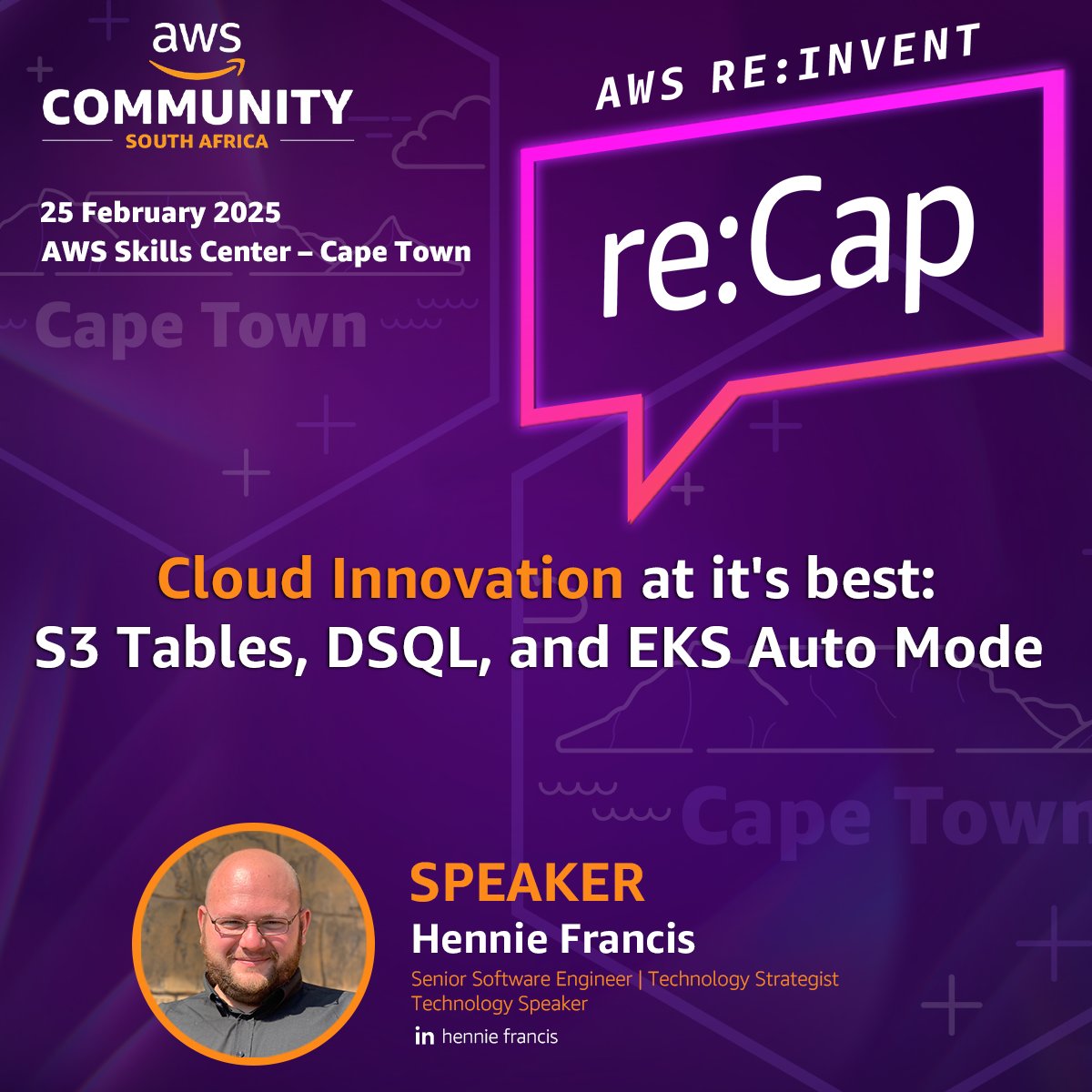 AWS Community South Africa (@awscommza) on Twitter photo Join Hennie Francis (<a href="/henniefrancis/">Hennie Francis</a>) for "Cloud Innovation at it's best: S3 Tables, DSQL, and EKS Auto Mode" at this year's in-person AWS re:Invent 2024 re:Cap on the 25th of February at AWS Skills Center - Cape Town
Free to attend! Register
bit.ly/3WPVmbk Join Hennie Francis (<a href="/henniefrancis/">Hennie Francis</a>) for "Cloud Innovation at it's best: S3 Tables, DSQL, and EKS Auto Mode" at this year's in-person AWS re:Invent 2024 re:Cap on the 25th of February at AWS Skills Center - Cape Town
Free to attend! Register
bit.ly/3WPVmbk