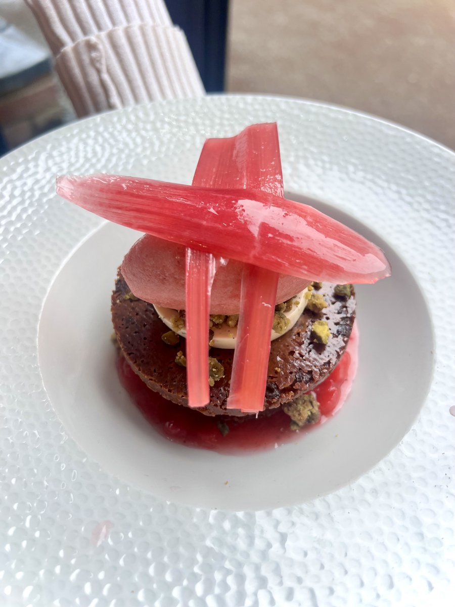 Now in season: forced rhubarb! 'Steamed rhubarb pudding, pistachio biscuit, green tea panna cotta, rhubarb &amp; blood orange sorbet.' #thedabblingduckpub #forcedrhubarb #DessertLovers #norfolk #norfolkfood #lovenorfolk #britishpubs #pubs #pubdesserts #desserts #pudding