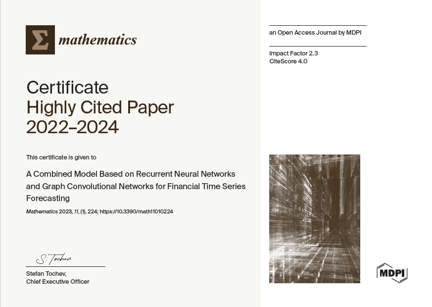 MathematicsMDPI's tweet photo. #2022-#2024 #WoS #highcited #callforreading
π A #Combined_Model Based on #Recurrent #Neural_Networks and #Graph_Convolutional_Networks for Financial #Time_Series_Forecasting
π Article Views 7218; Citations 57
π https://t.co/9Zz3hiJoB7
@MDPIOpenAccess @ComSciMath_Mdpi https://t.co/VuIqIMEOTe