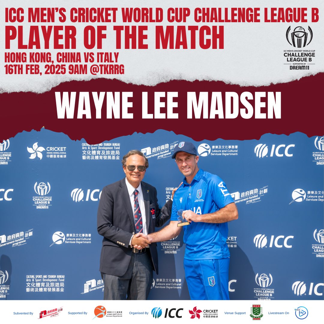 CricketHK's tweet photo. 🎉 Huge congratulations to Italy for their fantastic victory in today's ICC Men’s Cricket World Cup Challenge League B match!
🇮🇹 A special shoutout to Wayne Lee Madsen, our Player of the Match!
Stay tuned for more thrilling matches ahead! 🏏
#cricket #hkcricket #ICCCWC #ChallengeLeagueB 🎉