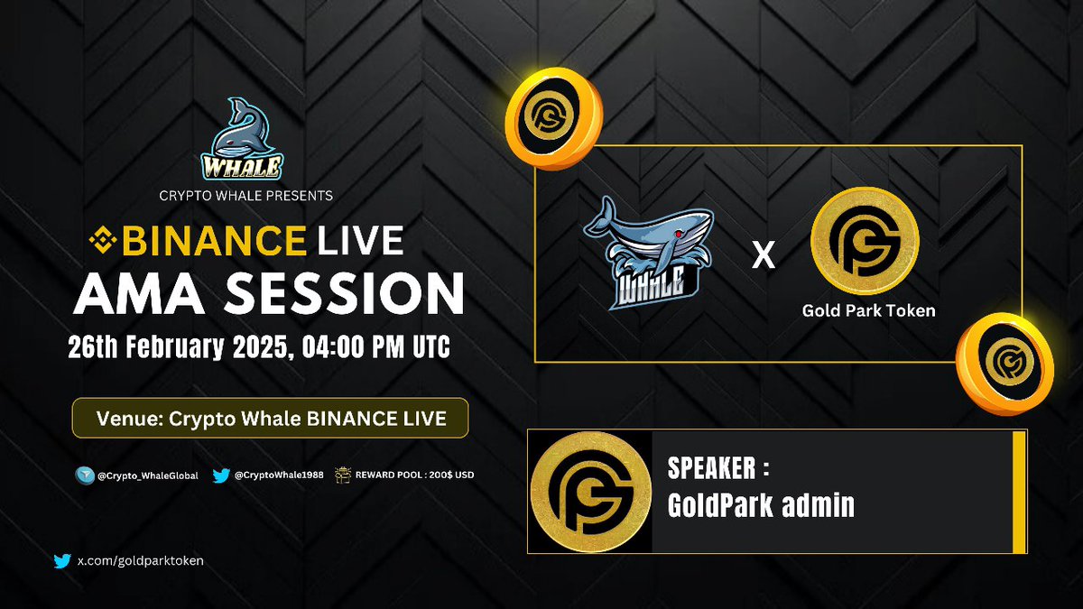 🎙️Join us for the BINANCE LIVE AMA SESSION  with #GoldParkToken

🕰️ Date: 26th Feb 2025, 04:00 PM UTC 
🏆 Prize: $200 USDT
🏠 Venue: binance.com/en/live/u/2747…

〽️Rules:
1️⃣ Follow @Cryptowhale1988 &amp; @goldparktoken
2️⃣ Like &amp; RT
3️⃣ Comment your Questions (Max 3)
4️⃣ Tag 3 Friends