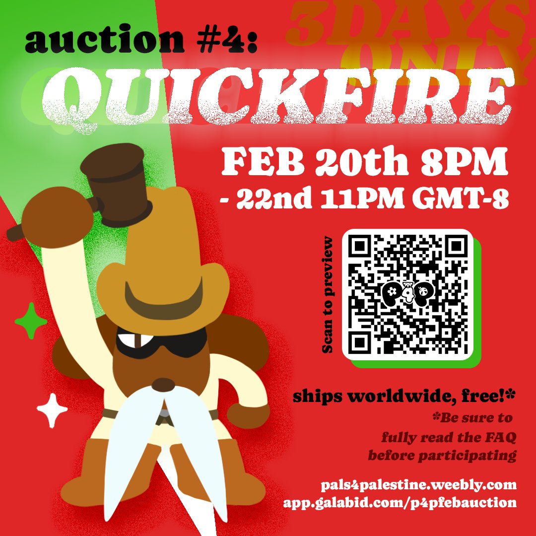 🐎💨SURPRISE!🤠
Our 4th aüction launches on Thursday! We've got more fantastic bundles for you to snag; stay tuned for teasers 👀100% goes to Wessam's family as always!

We're trying something new with a shorter format, so be sure to set your alarms not to miss it ;3 #pals4pal