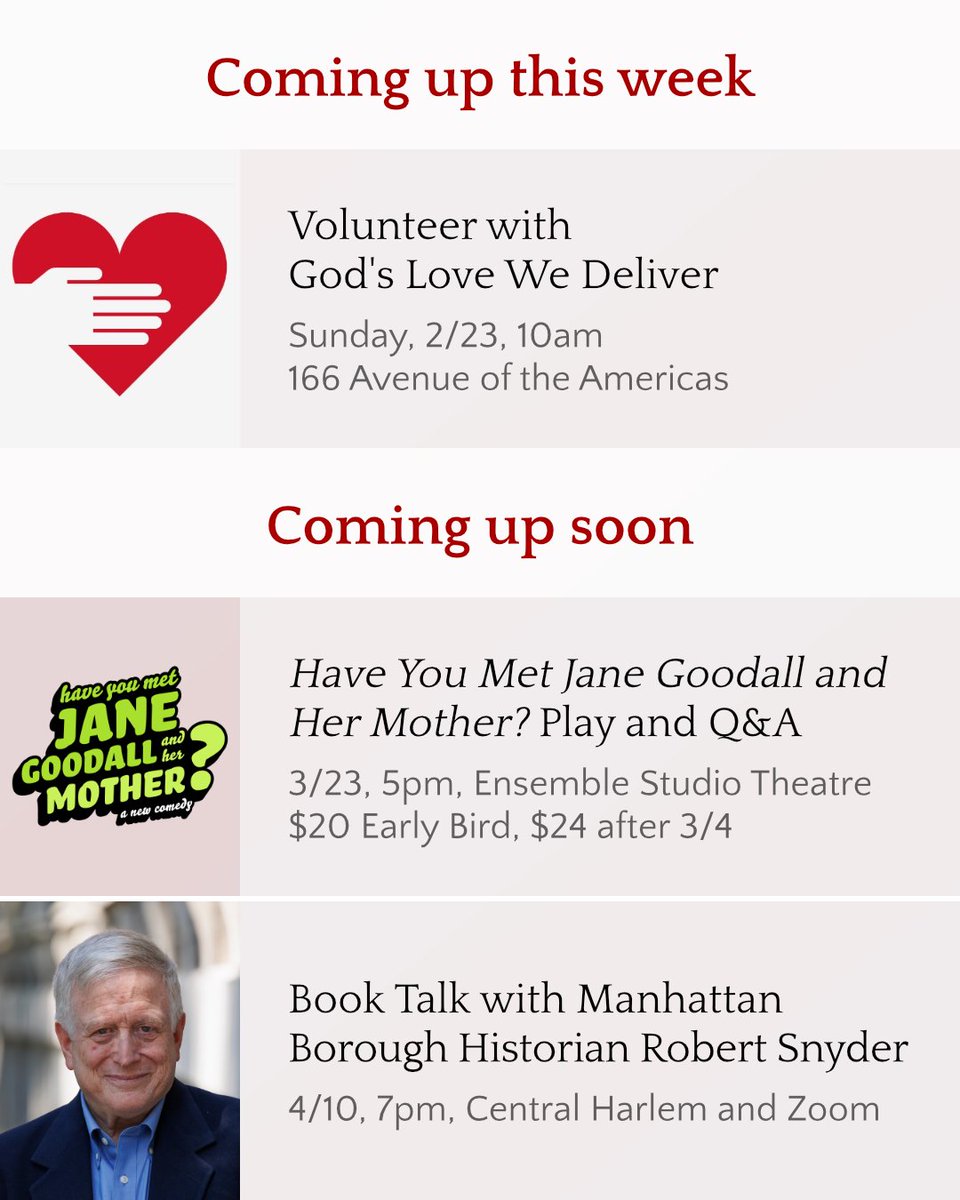 Sunday, 2/23, volunteer with God's Love We Deliver connect.vassar.edu/VCNY_GodsLoveF…

3/23, enjoy a play and Q&amp;A connect.vassar.edu/VCNY_Goodall

4/10, Manhattan Historian Snyder discusses his book on early COVID connect.vassar.edu/VCNY_RobertSny…

⚠️ This account will stop publishing at the end of February