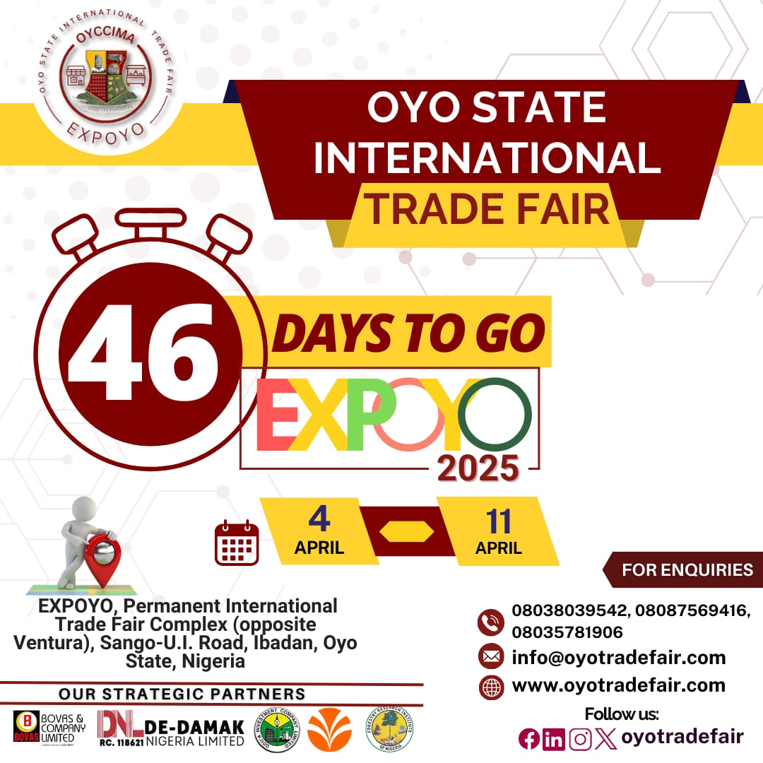 oyotradefair's tweet photo. 46 Days to go! 

Your business deserves to be seen and heard. Make it happen at the Oyo State International Trade Fair 2025. 

Don't miss the opportunity to showcase your business at EXPOYO2025.

Are you ready?

#oyotradefair #expoyo2025 #expoyo https://t.co/9Pf0blrTvC