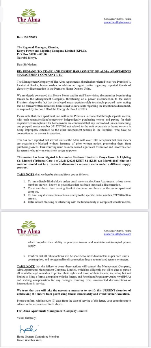 ehdande's tweet photo. Dear @KenyaPower_Care @KenyaPower , please stop harassing the residents of #TheAlma for a bill they do not owe… you are courting a lawsuit.
When Justice Mabeya condemned #TheAlma unheard, the project stopped and the contractor took off and left an electricity bill on the contractor’s metre. The law is clear you should not harass a consumer for a bill that is not theirs:
“Power supply in Kenya is unique as all Kenyans rely on one dominant supplier who is the Respondent herein, it is surprising as to why it would opt to disconnect power to meters that were not in default of payments and thus inconveniencing a customer on account of a separate meter under a different supply contract. Such an act is not only inconvenient but also oppressive.
30. One contract should not be a reason to disconnect a separate meter under a different supply contract. Those contracts are separate and distinct.” That’s what courts have said, we therefore demand as 👇🏽follows: