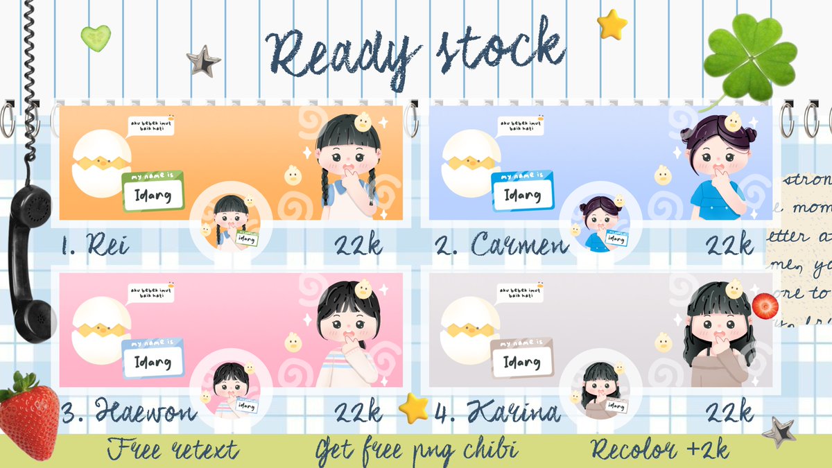 Haidwangg's tweet image. Help rt? Thank you! 💗

Sore teman timun 🥒 idang kali ini bawa ready stock layout chibi &amp;amp; non chibi nich😋, untuk layout nya baru bisa di take hari ini di jam 19.00wib yaah🍀, untuk harga dan ketentuan bisa cek alt ya gais🫰 jan lupa di beli hihi 😖

Thank you! 

#zonauang
