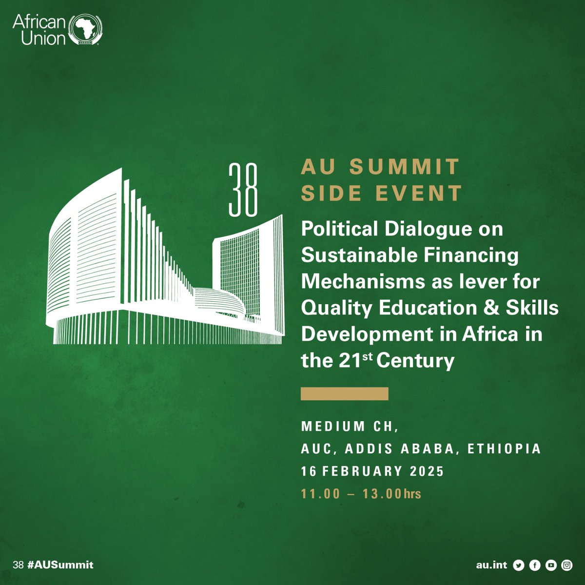 _AfricanUnion's tweet photo. Join us for a discussion on futher steps for the implementation of the recommendations of the Nouakchott Declaration. This will be a dialogue on financing accelerated actiion on education and skills in Africa for the 21st century. https://t.co/0nSKsalmuf