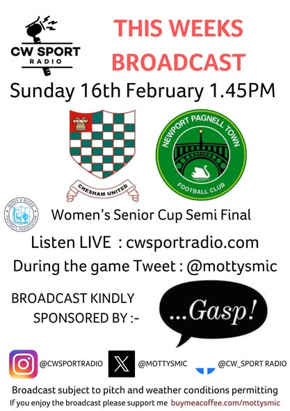 Christofer Walker (@mottysmic) on Twitter photo PLS RT MATCHDAY Calling all Swans fans <a href="/nptfcWomen/">NPTFCWomen</a> are away to <a href="/cheshamutdlfc/">Chesham United FC Women</a> in <a href="/BerksandBucksFA/">Berks & Bucks FA</a> County Cup SF. Hope to see you there but IYCMI you can listen in live from 1.45pm GMT
<a href="/BBC3CR/">BBC Beds, Herts & Bucks</a> <a href="/mkfm/">MKFM 106.3</a> <a href="/GHRBucks/">Greatest Hits Radio Bucks, Beds & Herts News</a> <a href="/mk_citizen/">MK Citizen</a>
<a href="/KeynesiaMilton/">Milton-Keynesia Magazine</a> <a href="/BucksLiveNews/">Buckinghamshire Live</a> <a href="/OneMKSport/">OneMKSport</a> <a href="/nptfc/">Newport Pagnell Town FC</a> <a href="/itvanglia/">ITV News Anglia</a> PLS RT MATCHDAY Calling all Swans fans <a href="/nptfcWomen/">NPTFCWomen</a> are away to <a href="/cheshamutdlfc/">Chesham United FC Women</a> in <a href="/BerksandBucksFA/">Berks & Bucks FA</a> County Cup SF. Hope to see you there but IYCMI you can listen in live from 1.45pm GMT
<a href="/BBC3CR/">BBC Beds, Herts & Bucks</a> <a href="/mkfm/">MKFM 106.3</a> <a href="/GHRBucks/">Greatest Hits Radio Bucks, Beds & Herts News</a> <a href="/mk_citizen/">MK Citizen</a>
<a href="/KeynesiaMilton/">Milton-Keynesia Magazine</a> <a href="/BucksLiveNews/">Buckinghamshire Live</a> <a href="/OneMKSport/">OneMKSport</a> <a href="/nptfc/">Newport Pagnell Town FC</a> <a href="/itvanglia/">ITV News Anglia</a>