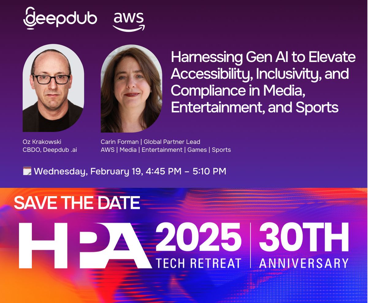 deepdub_ai's tweet photo. 🚀 Next week at #HPA2025!
How is GenAI dubbing shaping media &amp; sports?
Join Oz Krakowski (Deepdub) &amp; Carin Forman (AWS) to explore the future of AI-driven localization!
#genai #aidubbing #etts #accessibility https://t.co/DbNRn6hFyB