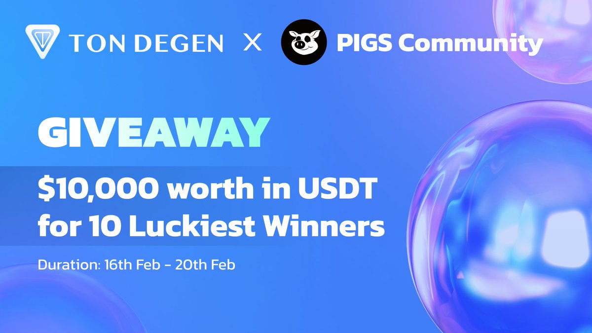 TON Degen (@degenonton) on Twitter photo GIVEAWAY EVENT: TON Degen 🤝 <a href="/realpigshouse/">PIGS Community</a>
🎁 $10,000 worth in $USDT for 10 Luckiest Winners sponsored by <a href="/realpigshouse/">PIGS Community</a>
✅ How to become winners 👇
1️⃣ Follow <a href="/DegenonTON/">TON Degen</a> & <a href="/realpigshouse/">PIGS Community</a>
2️⃣ Like, retweet and tag 3 friends
3️⃣ Comment your #TON wallet 👇
4️⃣ Join TON Degen GIVEAWAY EVENT: TON Degen 🤝 <a href="/realpigshouse/">PIGS Community</a>
🎁 $10,000 worth in $USDT for 10 Luckiest Winners sponsored by <a href="/realpigshouse/">PIGS Community</a>
✅ How to become winners 👇
1️⃣ Follow <a href="/DegenonTON/">TON Degen</a> & <a href="/realpigshouse/">PIGS Community</a>
2️⃣ Like, retweet and tag 3 friends
3️⃣ Comment your #TON wallet 👇
4️⃣ Join TON Degen