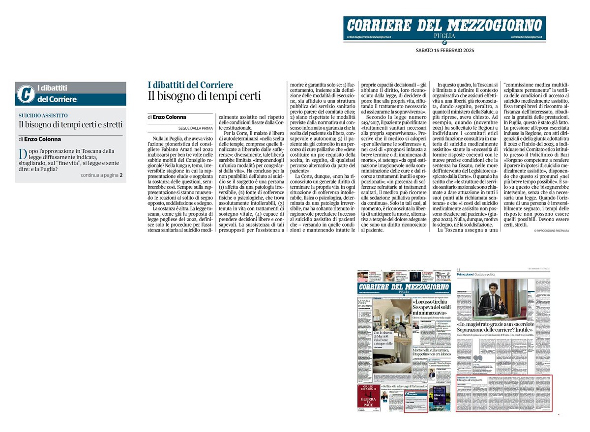 #suicidioassistito
Intervento pubblicato ieri, 15 febbraio, nel <a href="/corrmezzogiorno/">CorriereMezzogiorno</a> Puglia @corriere.
Per agevolare la lettura riporto il testo, con ulteriori richiami, qui 👇
facebook.com/share/12F1Si7T…

@cortecostituzionale @regionepuglia <a href="/regionetoscana/">Regione Toscana</a> @crtoscana