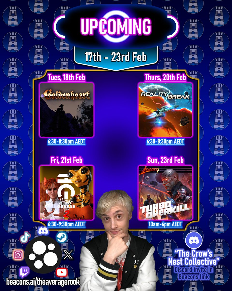 TheAverageRook's tweet photo. NEW SCHEDULE FOR THE WEEK!!!

TUES: #Goldenheart by @millenniapede
THURS: #RealityBreak by @ElementGamesDev
FRI: @hovergrease 2 (Demo) by  @altergaze 
SUN: @turbo_overkill by @Apogee_Ent

#keymailer #indie #gift #review #twitch #ANZCreators

https://t.co/bnzJy4OAs2 https://t.co/pzh5fCAUSD