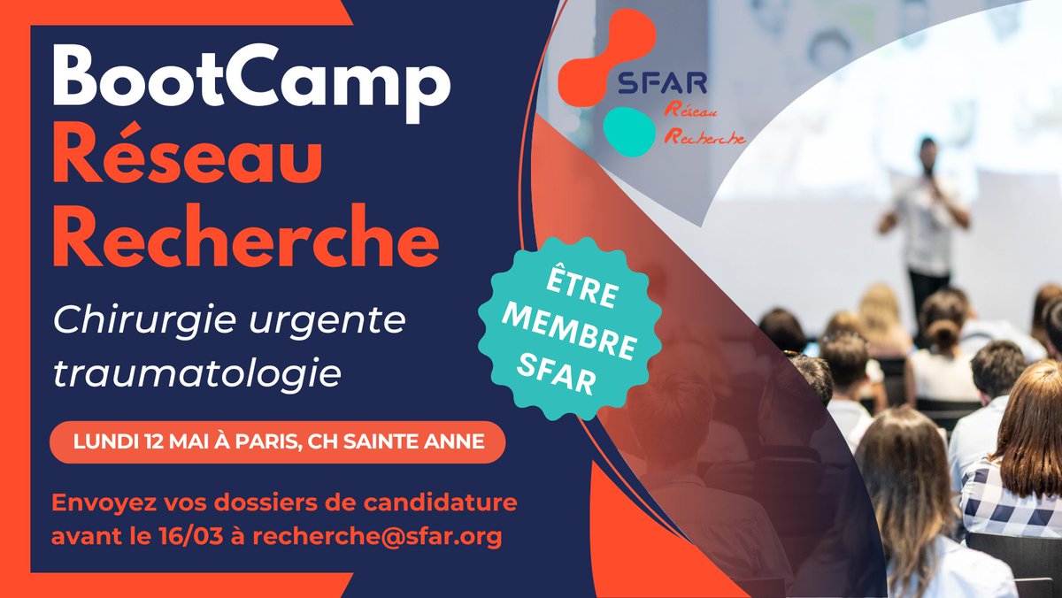 SFAR Anesthésie Réanimation (@sfar_org) on Twitter photo 🚨 Participez au BootCamp du Réseau Recherche sur la chirurgie urgente traumatologie !
🗂️ Téléchargez et complétez le formulaire de candidature ➡️ sfar.org/comites/reseau…
Puis envoyez le à cette adresse mail 👉 recherche@sfar.org
<a href="/AJARFrance/">AJAR France 🇫🇷</a> <a href="/SNJeunesAR/">Syndicat National des Jeunes Anesth-Réa</a> <a href="/SNPHARE/">SNPHARE</a> <a href="/SyndicatSnarf/">SNARF</a> 🚨 Participez au BootCamp du Réseau Recherche sur la chirurgie urgente traumatologie !
🗂️ Téléchargez et complétez le formulaire de candidature ➡️ sfar.org/comites/reseau…
Puis envoyez le à cette adresse mail 👉 recherche@sfar.org
<a href="/AJARFrance/">AJAR France 🇫🇷</a> <a href="/SNJeunesAR/">Syndicat National des Jeunes Anesth-Réa</a> <a href="/SNPHARE/">SNPHARE</a> <a href="/SyndicatSnarf/">SNARF</a>