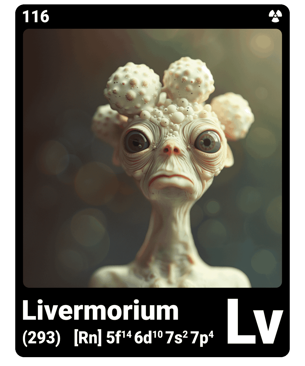 br_AI_king's tweet photo. brAIking This is what it looks like when AI gives the chemical element livermorium a face - find all ChemicalElements in the bio ScienceArt https://t.co/tjPof1W2Lo