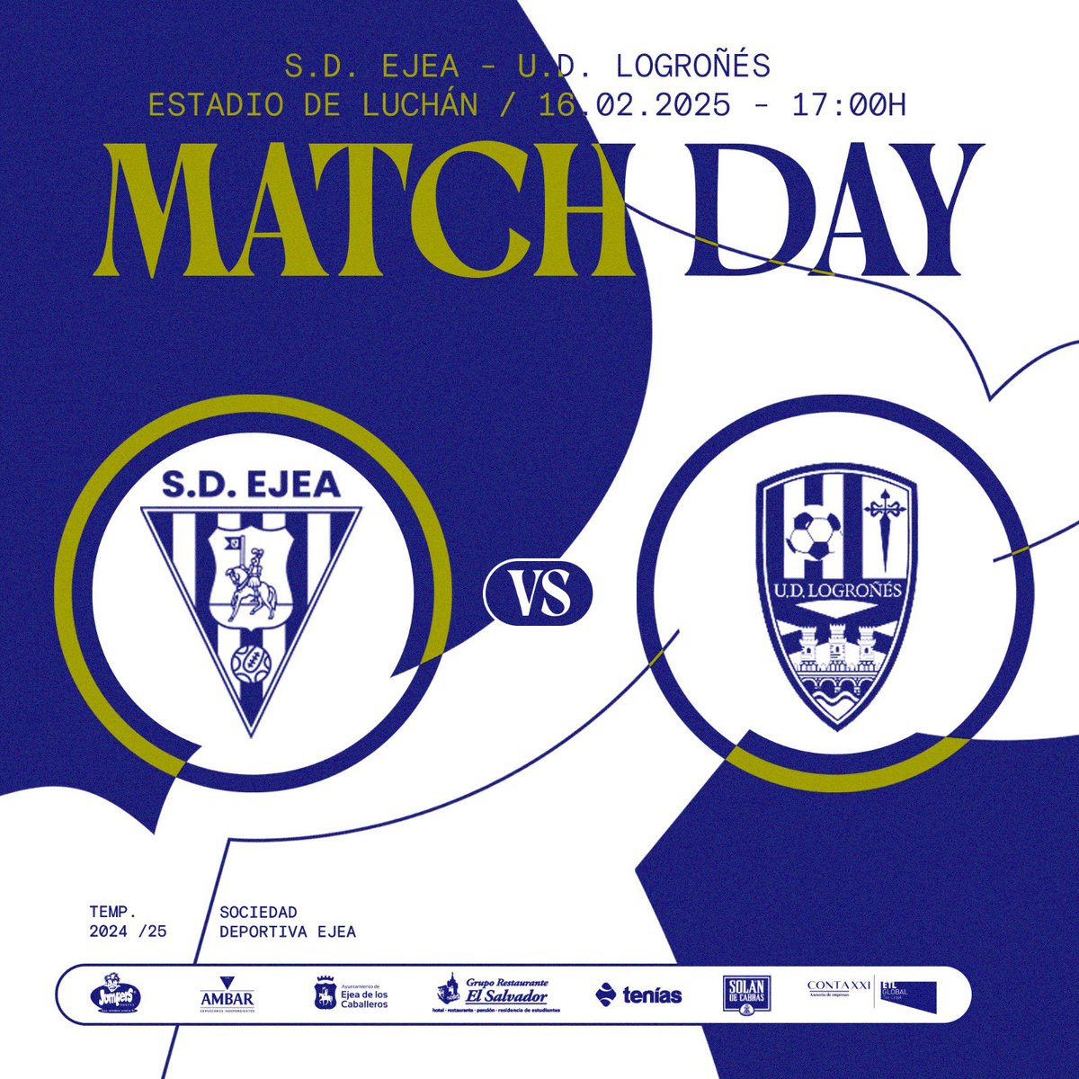 𝙈𝙖𝙩𝙘𝙝 𝙙𝙖𝙮⚽️

¡Buenos días, afición!👋

Hoy es día de partido, hoy es 𝐃𝐈́𝐀 𝐃𝐄 𝐋𝐔𝐂𝐇𝐀́𝐍🏟️

Nos vemos a las 17h en nuestro feudo🔥

¡A por los tres puntos!⚔️

#EjeaUDLogroñés #HemosVuelto💙