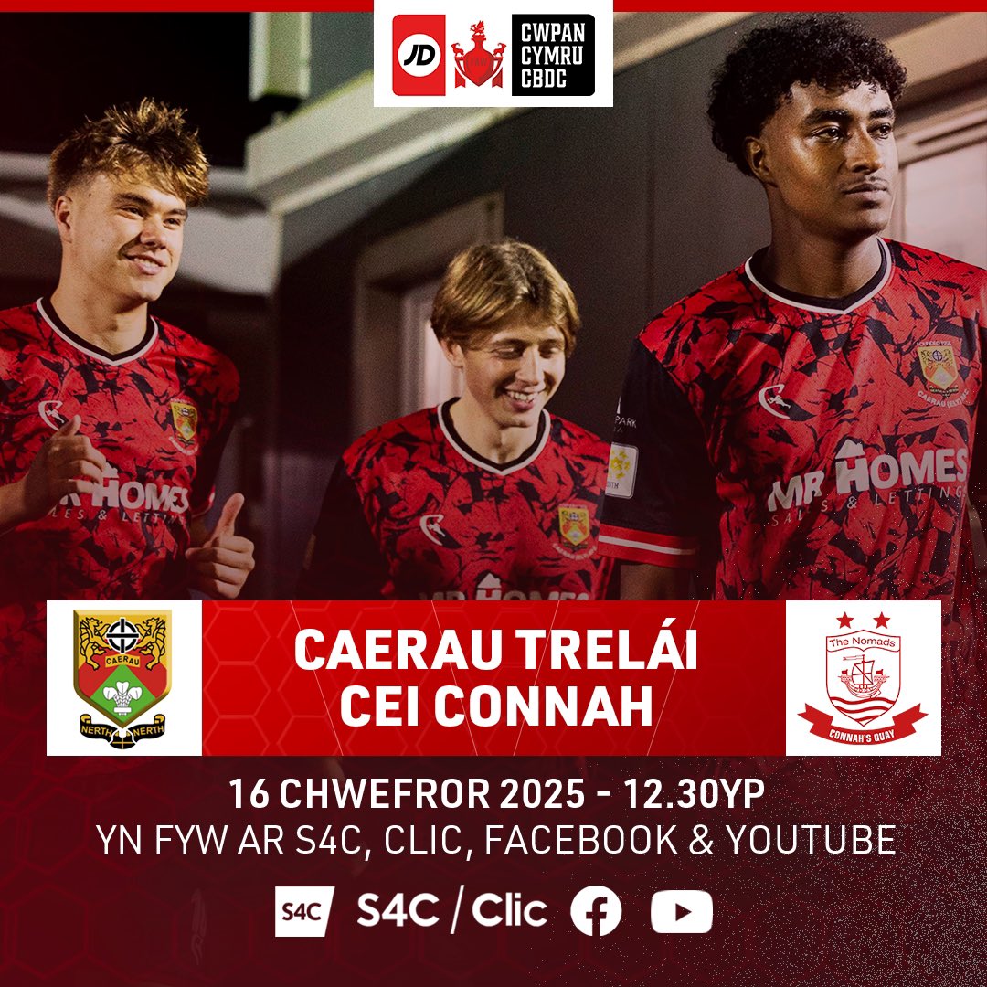Heddiw. Today. 🤩

Pêl-droed byw o rownd wyth olaf Cwpan Cymru JD rhwng <a href="/CaerauElyFC/">Caerau Ely FC</a> a <a href="/the_nomads/">Connah's Quay Nomads FC</a> 🏆

📺 12.30, S4C | tinyurl.com/33h8my9x
