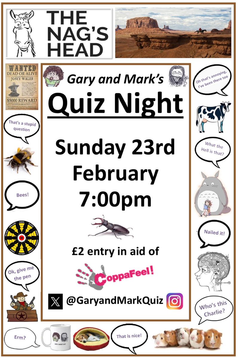 The Nag's Head Reading (@nagsheadreading) on Twitter photo A week today is the much-loved Quiz Night with Gary & Mark.
π Sunday 23rd February @ 7PM
πͺπͺ Β£2 entry
βοΈ This time, in aid of <a href="/CoppaFeelPeople/">CoppaFeel!</a>
Lots of fun, lots of good vibes, and a great night to be had down the pub. Save the date and see you there! A week today is the much-loved Quiz Night with Gary & Mark.
π Sunday 23rd February @ 7PM
πͺπͺ Β£2 entry
βοΈ This time, in aid of <a href="/CoppaFeelPeople/">CoppaFeel!</a>
Lots of fun, lots of good vibes, and a great night to be had down the pub. Save the date and see you there!