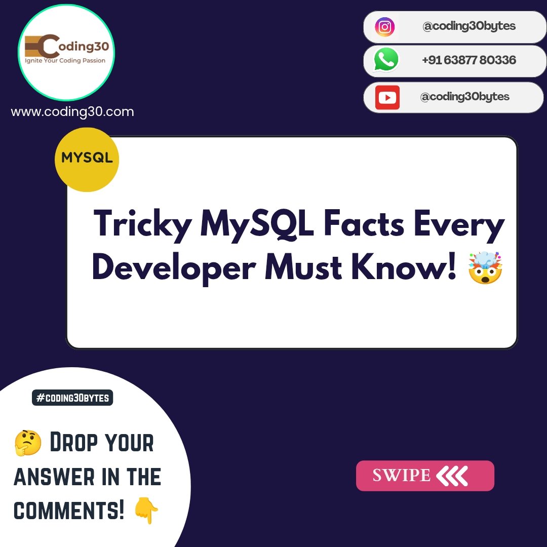 im_coding30's tweet image. Mind-Blowing MySQL Facts You Didn’t Know! 💡
💬 Which fact shocked you the most? Drop your answer in the comments! ⬇️
✨ Follow @coding30bytes for more coding tips & tricks, project source code, website templates 🚀 #mysql #sqltricks #codingtips #databasedesign #webdevelopment