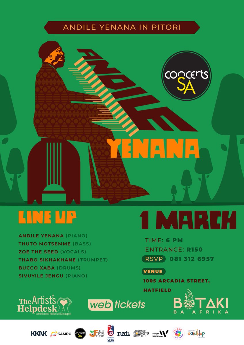 theartistshelpdesk (@artzahelpdesk) on Twitter photo Andile Yenana will also grace us with an intimate performance at Pitori arts hub <a href="/BotakiBaAfrika/">Botaki Ba Afrika</a> in Hatfield. His mentee, Pretoria-based pianist Sivuyile Jengu will be featured on the night. Support our legends as they give platforms, love and support to the new school! 😎 Andile Yenana will also grace us with an intimate performance at Pitori arts hub <a href="/BotakiBaAfrika/">Botaki Ba Afrika</a> in Hatfield. His mentee, Pretoria-based pianist Sivuyile Jengu will be featured on the night. Support our legends as they give platforms, love and support to the new school! 😎