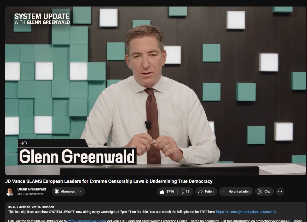 Selbst Glenn Greenwald <a href="/ggreenwald/">Glenn Greenwald</a> (Edward Snowden files, Pulitzer Price) thematisiert die Rede von VP Vance und deren "verheerende" Wirkung in der deutschen Nomenklatura
youtu.be/M8Nawx1wkLE?si…