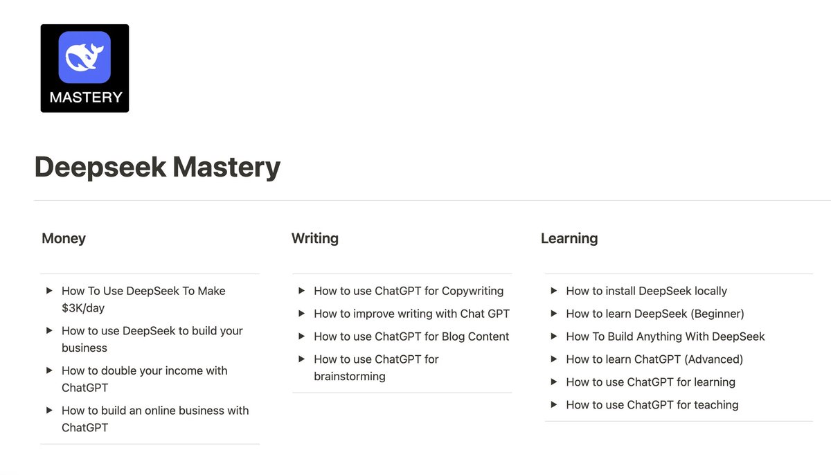 reachvaldo's tweet image. LEAKED: Secret DeepSeek prompts that literally turn your laptop into an ATM.

Most people are missing out on the GOLDRUSH by not knowing how to use it.

So I built DeepSeek Mastery: 500+ prompts, 9 Masterclasses, including a complete step-by-step guide for beginners.

FREE for 24…