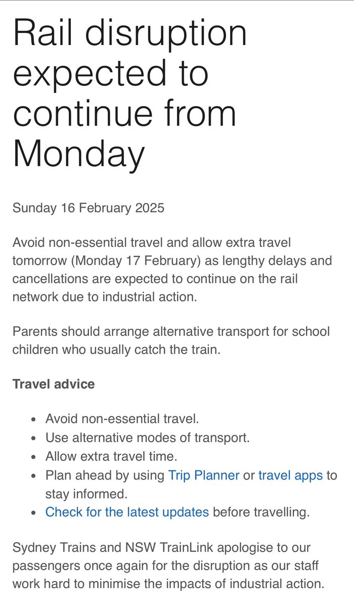 🚨 Rail disruptions continue! 🚨
Expect major delays &amp; cancellations on Monday, Feb 17, due to industrial action. Avoid non-essential travel, plan ahead, and allow extra time.

Stay updated: Trip Planner &amp; travel apps.
More info: [Insert link]

#SydneyTrains #RailDisruptions