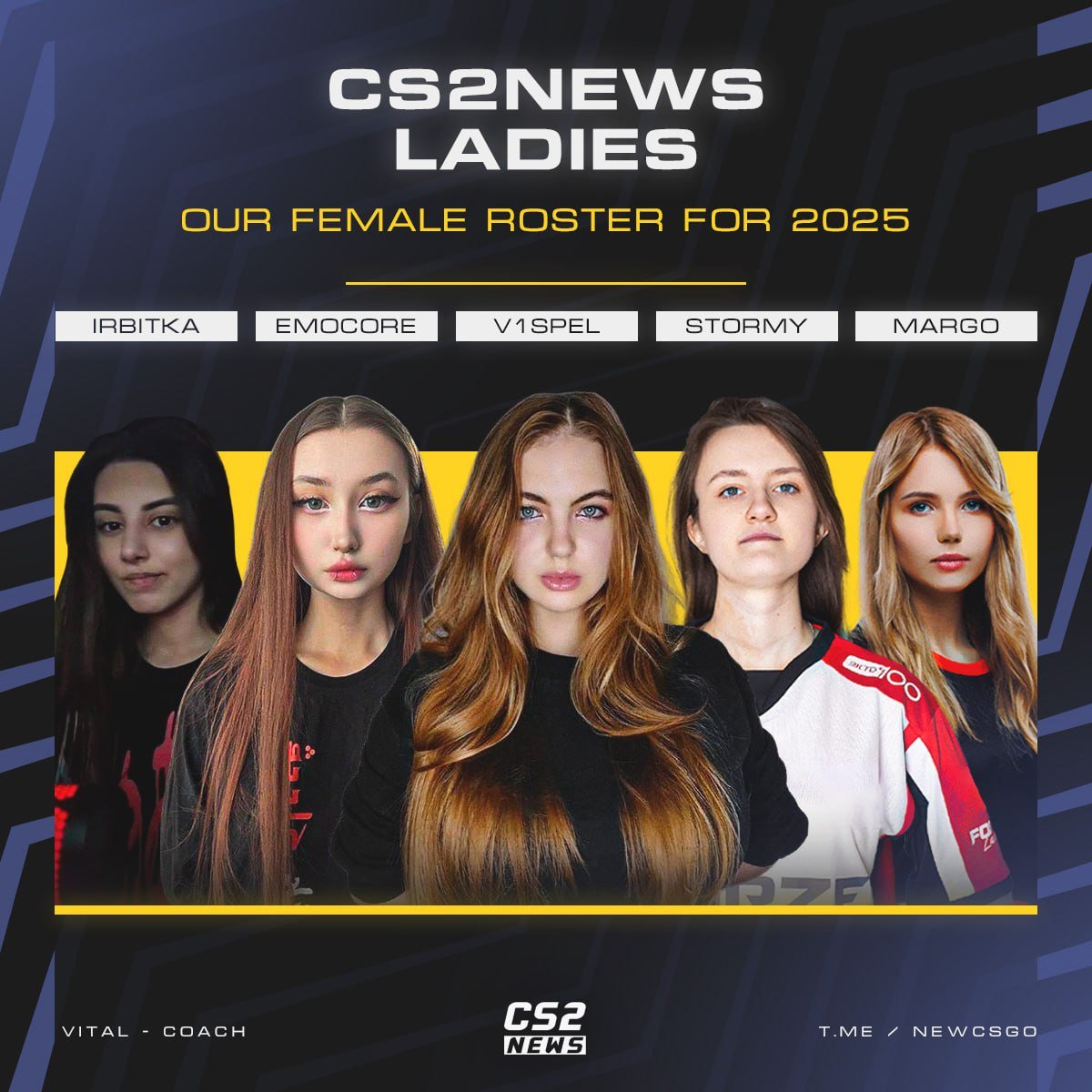 To support the female scene, we are signing the "OneDay FE" roster and will be participating in the ESL Impact League Season 7 Europe!

Welcome the CS2News Ladies:
🇺🇦 Karyna "v1spel" Sytnyk
🇷🇺 Margarita "Margo" Ilyina
🇦🇿 Tamilla "irbitka" Bashirova
🇷🇺 Elizaveta "Stormy"