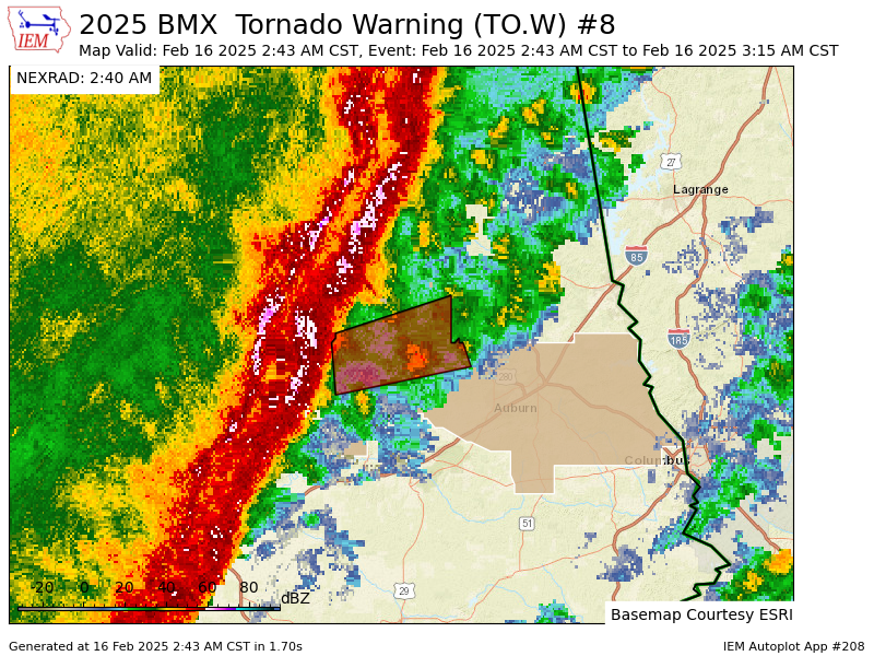 spann's tweet photo. BMX issues Tornado Warning [tornado: RADAR INDICATED, hail: <.75 IN] for Lee, Tallapoosa [AL] till 3:15 AM CST https://t.co/0hE5tLIZin https://t.co/GNmMtPN6Et