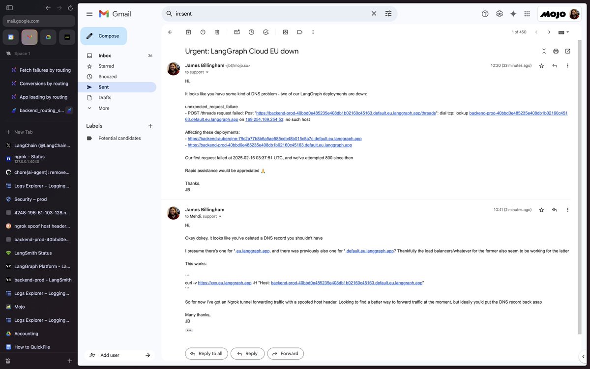 billinghamj's tweet photo. @langchain @LangGraph Hey! Please could you restore the *.default.eu.langgraph.app hostnames asap - it seems you've broken all older LangGraph deployments. I've emailed details to your support team - it's been down for 7 hours https://t.co/XPVvSwqprr