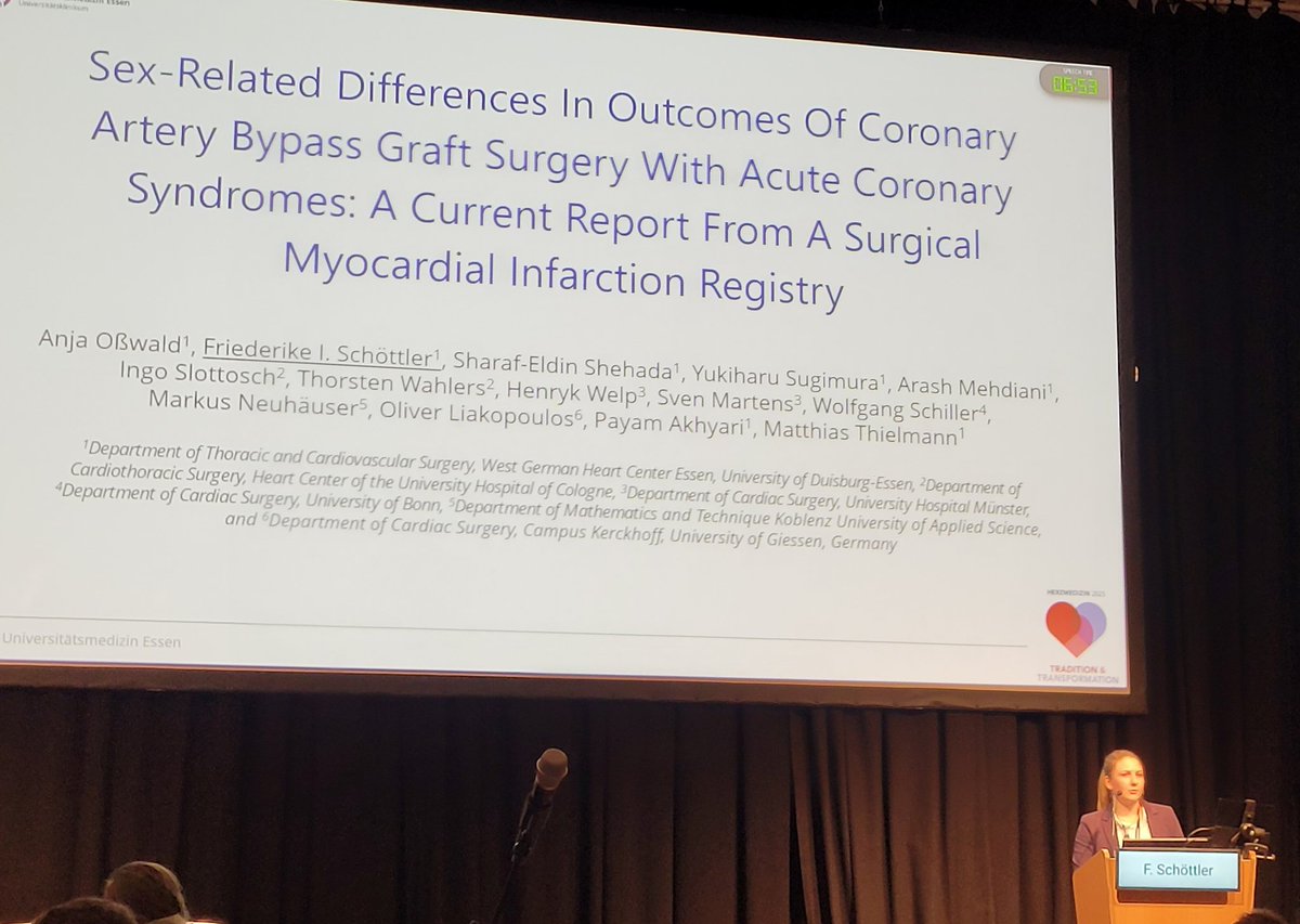 Payam Akhyari (@akhyarimd) on Twitter photo <a href="/FISchoettler/">Friederike Schoettler</a> from #WHGZ at #DGTHG
➡️ Sex-dependent outcome of bypass surgery for acute myocardial infarction 🫀
➡️ Data from a multi-center German registry.
👉 Need to improve outcome of our female patients!
#ThCVSessen
<a href="/TRassafMD/">Tienush Rassaf</a>
<a href="/ToDoenst/">Torsten Doenst</a>
<a href="/TulioCaldonazo/">Tulio Caldonazo</a>
<a href="/HrisKirov/">Hristo Kirov</a>
<a href="/JFdgthg/">Junges Forum der DGTHG</a> <a href="/FISchoettler/">Friederike Schoettler</a> from #WHGZ at #DGTHG
➡️ Sex-dependent outcome of bypass surgery for acute myocardial infarction 🫀
➡️ Data from a multi-center German registry.
👉 Need to improve outcome of our female patients!
#ThCVSessen
<a href="/TRassafMD/">Tienush Rassaf</a>
<a href="/ToDoenst/">Torsten Doenst</a>
<a href="/TulioCaldonazo/">Tulio Caldonazo</a>
<a href="/HrisKirov/">Hristo Kirov</a>
<a href="/JFdgthg/">Junges Forum der DGTHG</a>