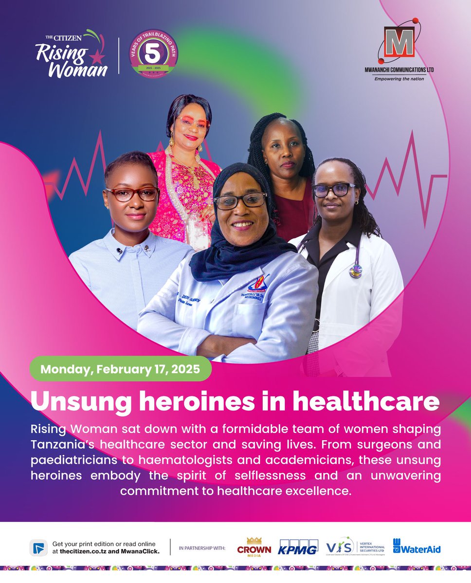 TheCitizenTz's tweet photo. On the second week of celebrating women, The Citizen Rising Woman 2025 sat down with a formidable team of women shaping Tanzania’s healthcare sector and saving lives. From surgeons and pediatricians to hematologists and academicians. 

Their inspiring stories will be published on Monday, February 17, 2025, in The Citizen newspaper, on our website, and on Mwanaclick.

Join us on March 7, 2025, at Mlimani City Conference Center at 5:00 PM as we honor women and their extraordinary impact.

#RWI2025
#AccelerateHerImpact
#EmpoweringTheNation