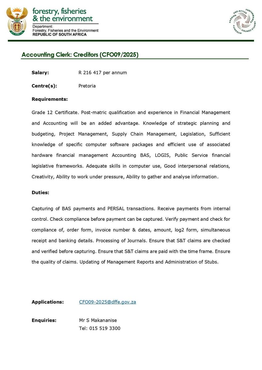mr_Tebsza's tweet photo. Administrative Officer x3 posts 
Accounting Clerk: Creditors
State Accountant: Salaries and Payroll 

Department of Forestry, Fisheries and the Environment

 24 February 2025
NB Apply through email https://t.co/IW6bdekdeO