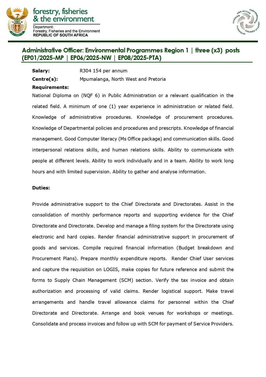 mr_Tebsza's tweet photo. Administrative Officer x3 posts 
Accounting Clerk: Creditors
State Accountant: Salaries and Payroll 

Department of Forestry, Fisheries and the Environment

 24 February 2025
NB Apply through email https://t.co/IW6bdekdeO