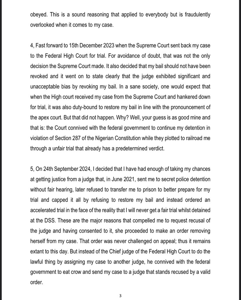 AloyEjimakor's tweet photo. OPEN LETTER TO THE GENERAL PUBLIC

By: Mazi Nnamdi Kanu

Greetings to all men and women of goodwill in Nigeria and elsewhere in the world.

I have been compelled by the events of the past few days to take the unusual step of writing this Open Letter for the singular purpose of calling the attention of the general public to the serial executive and judicial fraud being perpetrated against me since my extraordinary rendition in 2021. The details are as follows:

1, In a judgment entered on 1st March 2017, the Federal High Court Abuja ruled that the “IPOB is not an unlawful group”. At the time, it received widespread publicity which can be verified from: https://t.co/3zLtjtP68v. This landmark ruling (made by the court before it turned unjust) emanated in a criminal proceedings that required “proof beyond reasonable doubt” and in which the federal government and my humble self presented our respective cases. Alas! Instead of the federal government to go on appeal as the law mandated (if they are dissatisfied with the judgment), the former Attorney-General (Abubakar Malami) went behind closed doors with a letter signed by late Abba Kyari and got IPOB proscribed/tagged a terrorist group in an ex parte proceedings conducted without notice to me or to the IPOB. This abominable incident was the earliest sign yet that the government and its judiciary have struck an unholy and fraudulent alliance to deny me my rights and thereby imperil the lives and liberty of millions who identity with IPOB.

2. On 26th October 2022, a Federal High Court declared my extraordinary rendition and detention as unconstitutional, stating that: “the manner of arrest and detention of the Applicant (Mazi Nnamdi Kanu) in Kenya, his continued detention in Abuja, his subjection to physical and mental trauma by the Respondents, the inhuman and degrading treatment meted out to the Applicant amounts to a brazen violation of the Applicant's fundamental right to dignity of his person and threat to life under Section 34 (1)(a) of the 1999 Constitution of the Federal Republic of Nigeria (as amended)”. The Court further ordered the federal government to apologize to me and pay me compensation. In a responsible and well-ordered society, run by a responsible government, this judgment is sufficient to have ended my lengthy detention and encourage the federal government to constructively engage me on the issue of the self-determination agitation that triggered this whole saga.

3. Pedal back to 13th October 2022 when the Court of Appeal held that: “The Courts must never shy away from calling the executive to order when they resort to acts of "executive lawlessness". The duty of the Courts is to maintain a balance between ensuring that law and order is obeyed and the protection of the individual from oppressive actions by the executive. By the forcible abduction and extraordinary rendition of the Appellant (Mazi Nnamdi Kanu) from Kenya to this country on the 27th day of June 2021, in violation of international and state laws, the lower Court or indeed any Court in this country is divested of jurisdiction to entertain charges against the Appellant”. Despite the clarity of this judgment and its comportment with reason, the federal government refused to release me from detention while it went behind closed doors and connived with three other justices of the court of appeal who fraudulently and swiftly sat on appeal over the judgment and practically destroyed it by issuing what they termed “a stay of execution”. One may then ask: Is it not abominable for a court to stay a judgment the government already disobeyed? In a plethora of cases, the Supreme Court has held that anybody who disobeys a related court order cannot be given any judicial relief until such order is obeyed. This is a sound reasoning that applied to everybody but is fraudulently overlooked when it comes to my case.

A THREAD … Concluded in the next tweet.