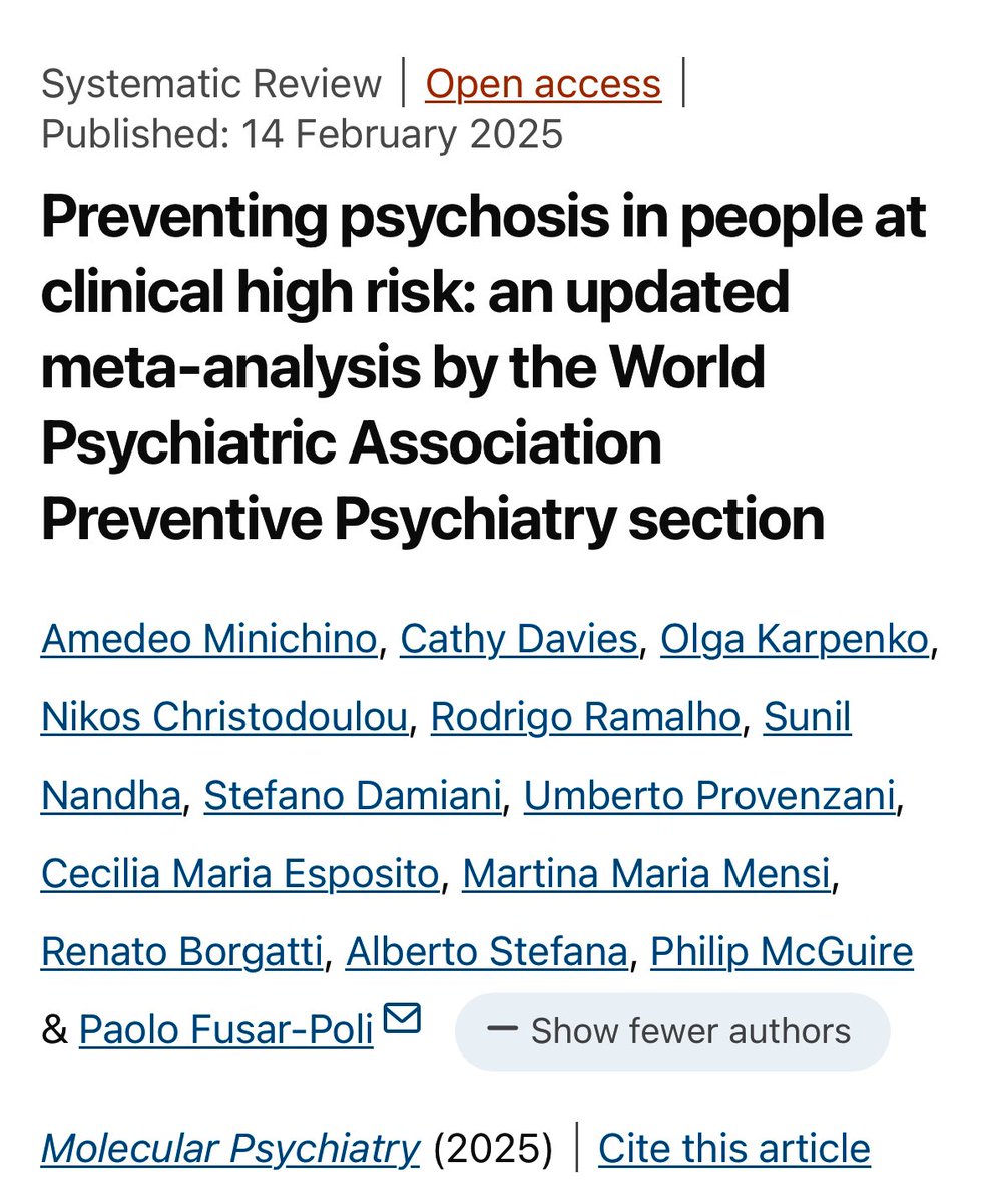 We recently published a systematic review and meta-analysis of preventive interventions with individuals at clinical high risk for psychosis (CHR-P). 
Please have a look!
#mentalhealth #psychosis #prevention
doi.org/10.1038/s41380…