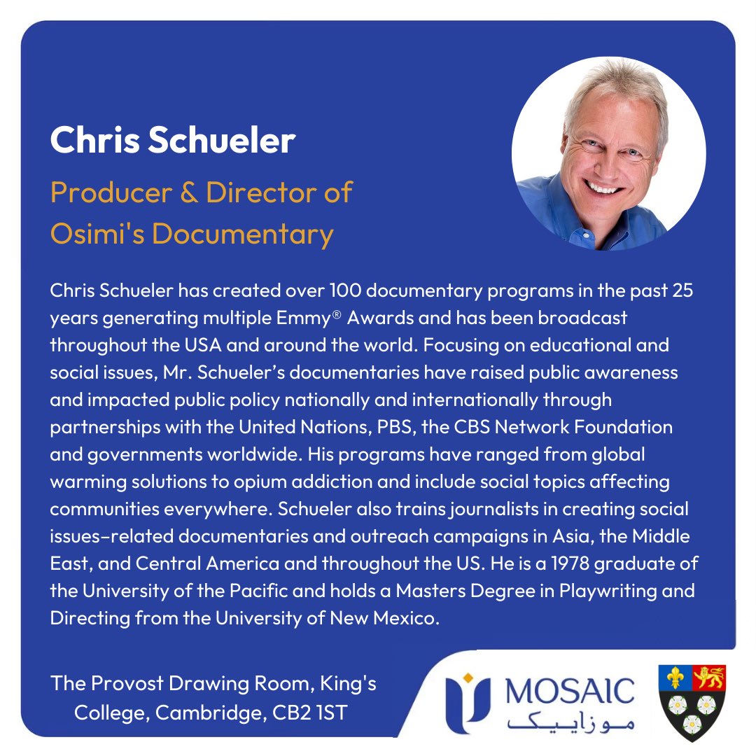 MosaicGFdn's tweet image. We are honoured to be hosted by Dr @gilliantett, Provost of @Kings_College, Cambridge and have Sir @laurie_bristow, President of @Hughes_Hall, Cambridge, as our keynote speaker for our forthcoming event. We are screening OSIMI, a documentary on Mohammad Osimi, aka Nelson Mandela…